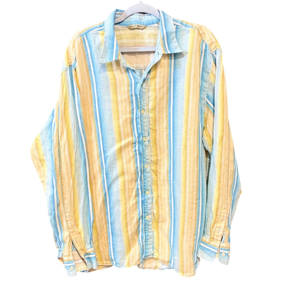 Tommy Bahama Mens XL Linen Button Down Shirt Blue Yellow Striped Long Sleeve